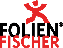 Logo Schablonenfolien Hamburg: Stilisiertes rotes Folienmännchen läuft über Firmenschriftzug FolienFischer